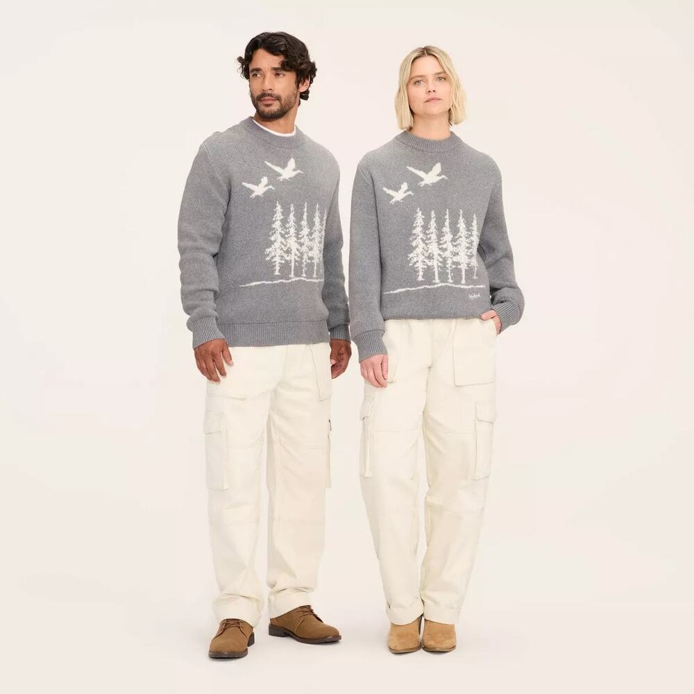 Woolrich Unisex Large Grey Knit Sweater Flying Geese Pine Trees Cabincore